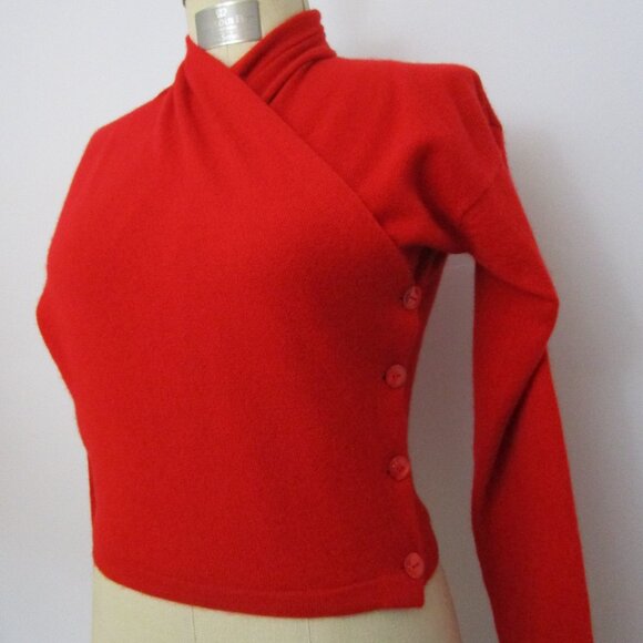 Cropped 80s CASHMERE Red Pullover Sweater Cuddly Wrap Ruche Collar - Picture 1 of 9